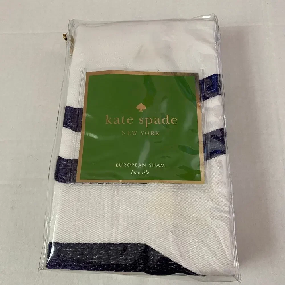 Kate Spade Bow Tile European Sham White Navy Blue Cotton Pillow Cover Single NIP
